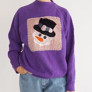 Vintage Fruit of the Loom Purple Snowman Patchwork Plaid Festive Sweater L
